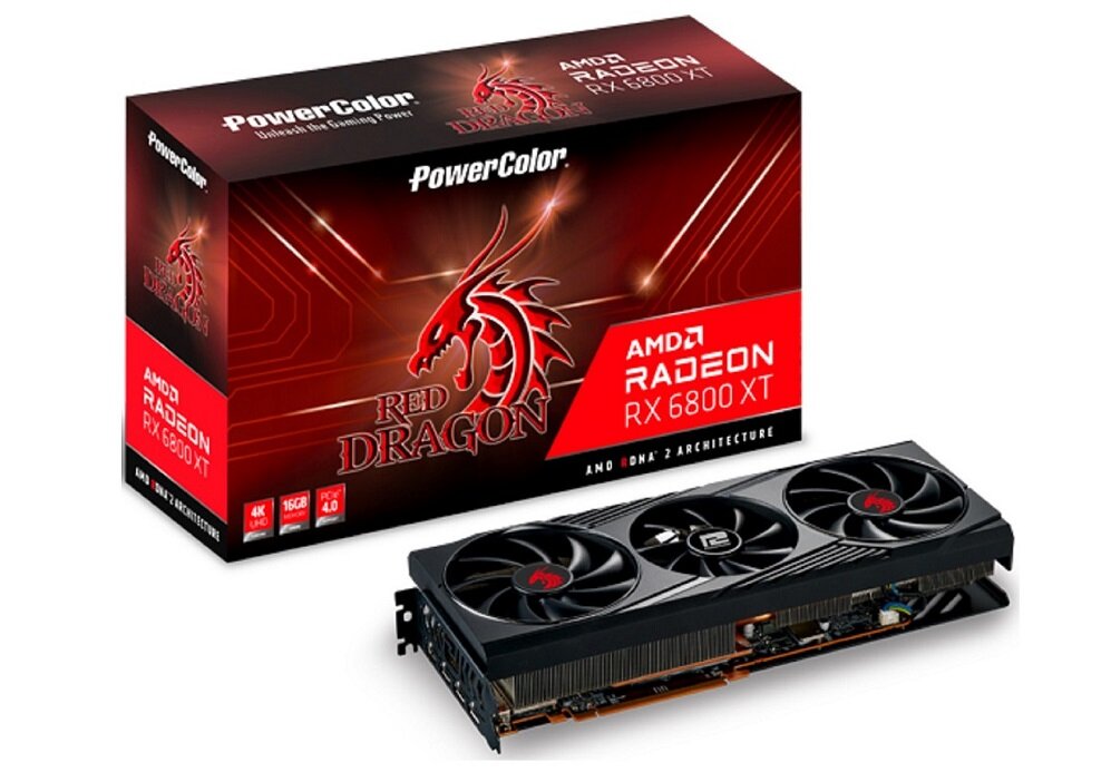 Karta graficzna POWERCOLOR Radeon 6800XT Red Dragon - wygląd ogólny opakowanie zaawansowany układ aktywnego chłodzenia nieprzeciętna wydajność cicha praca virtual reality