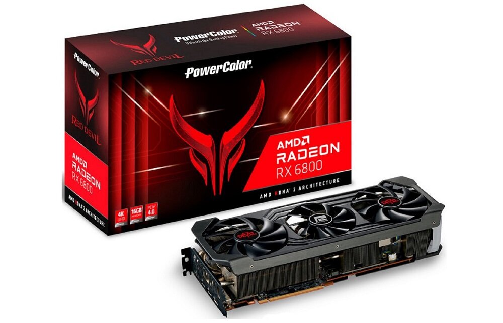 Karta graficzna POWERCOLOR Radeon 6800 Red Devil 16GB - wygląd ogólny opakowanie innowacyjny układ chłodzenia obrazy w wysokiej rozdzielczości