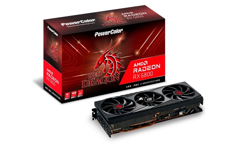 Karta graficzna POWERCOLOR Radeon RX 6800 Red Dragon - wygląd ogólny opakowanie zaawansowany układ aktywnego chłodzenia nieprzeciętna wydajność cicha praca virtual reality