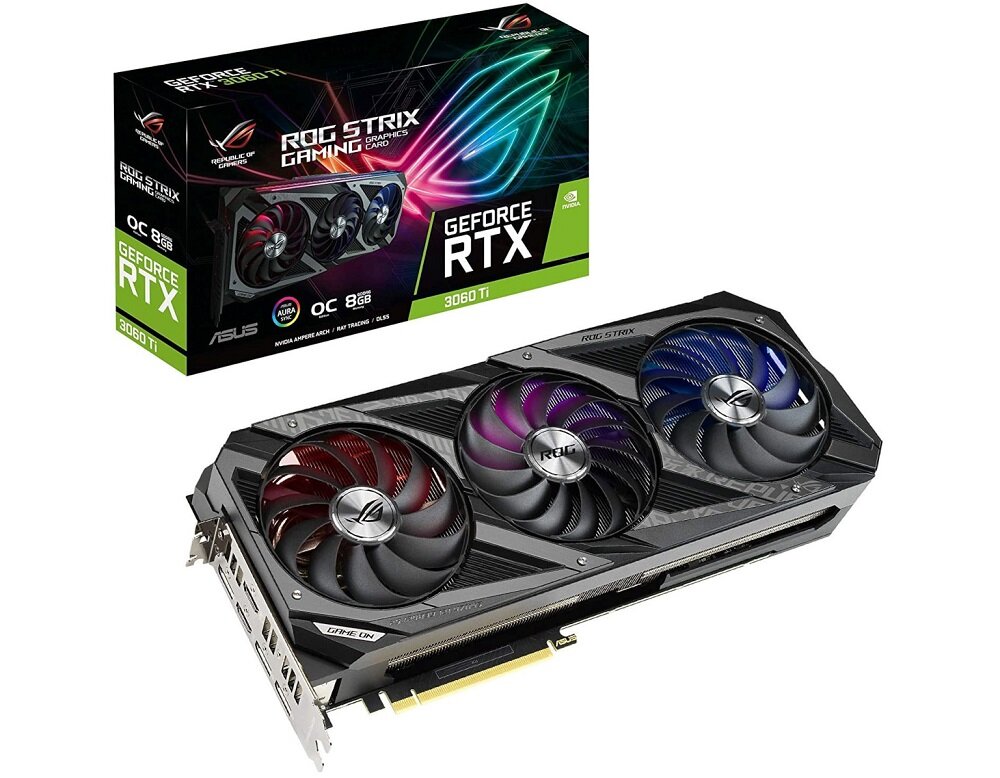 Karta graficzna ASUS GeForce Rog Strix RTX 3060 Ti Gaming 8GB - wygląd ogólny opakowanie wszechstronna karta nvidia Ampere 1080p QHD 4K