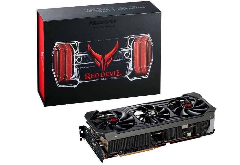 Karta graficzna POWERCOLOR Radeon 6800XT Red Devil Limited Edition 16GB - wygląd ogólny opakowanie maksymalna wydajność niezawodoność trzy wentylatory