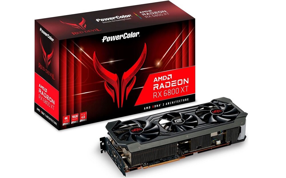 Karta graficzna POWERCOLOR Radeon 6800XT Red Devil 16GB - wygląd ogólny opakowanie innowacyjny układ chłodzenia obrazy w wysokiej rozdzielczości