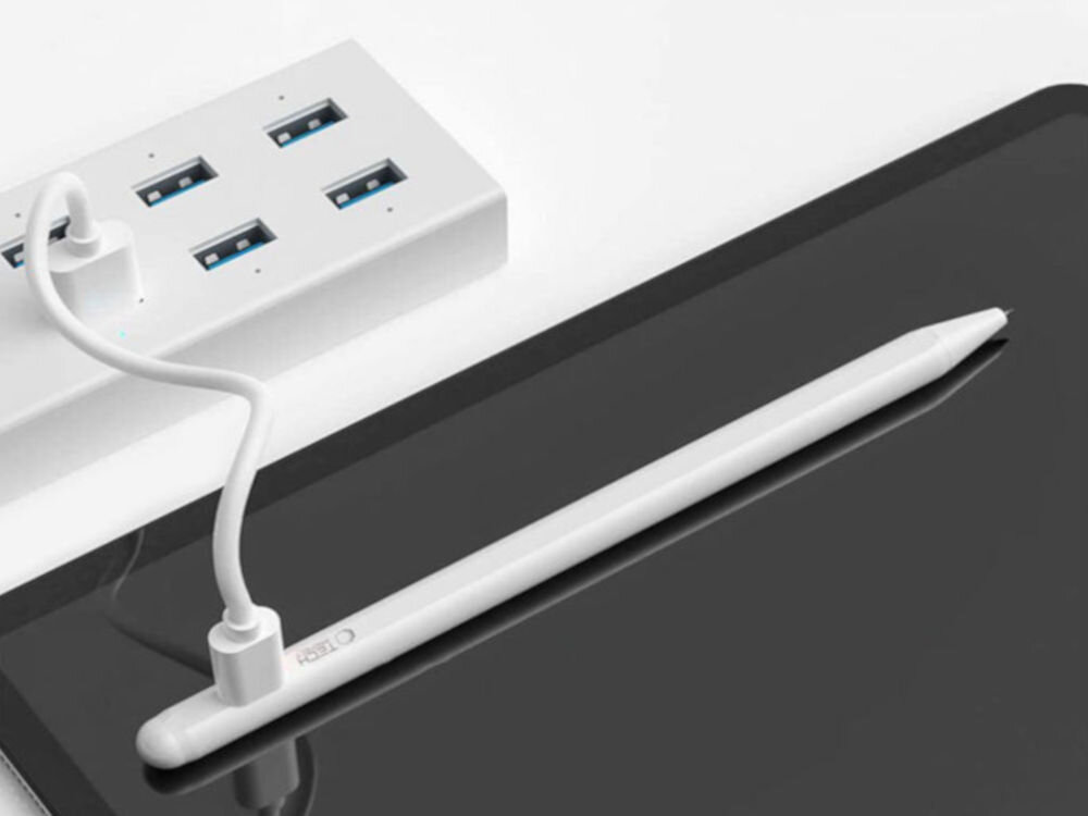 Rysik TECH-PROTECT Digital Stylus Pen Biały prezentacja rysika podczas ładowania system diod LED sygnalizuje aktywność proces ładowania potwierdzenie pełnego naładowania baterii monitorowanie poziomu naładowania dzięki Bluetooth ładowanie USB-C