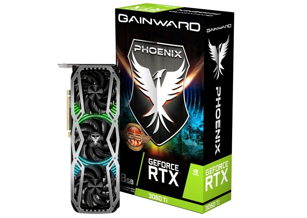 Karta graficzna GAINWARD GeForce RTX 3060 Ti Phoenix GS 8GB - wygląd ogólny opakownie ostry obraz Nvidia Ampere rdzenie RT rdzenie Tensor Nvidia RTX