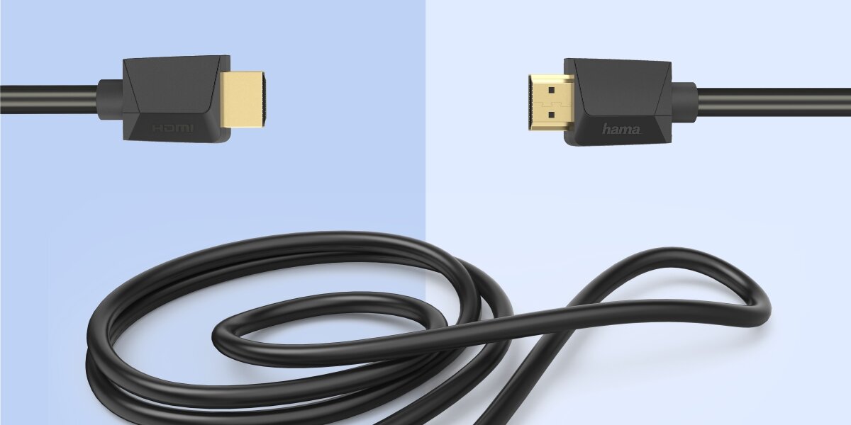 Kabel HDMI - HDMI HAMA 3 m - Trwała konstrukcja kabla, złocone złącza, kabel hdmi na niebieskim tle