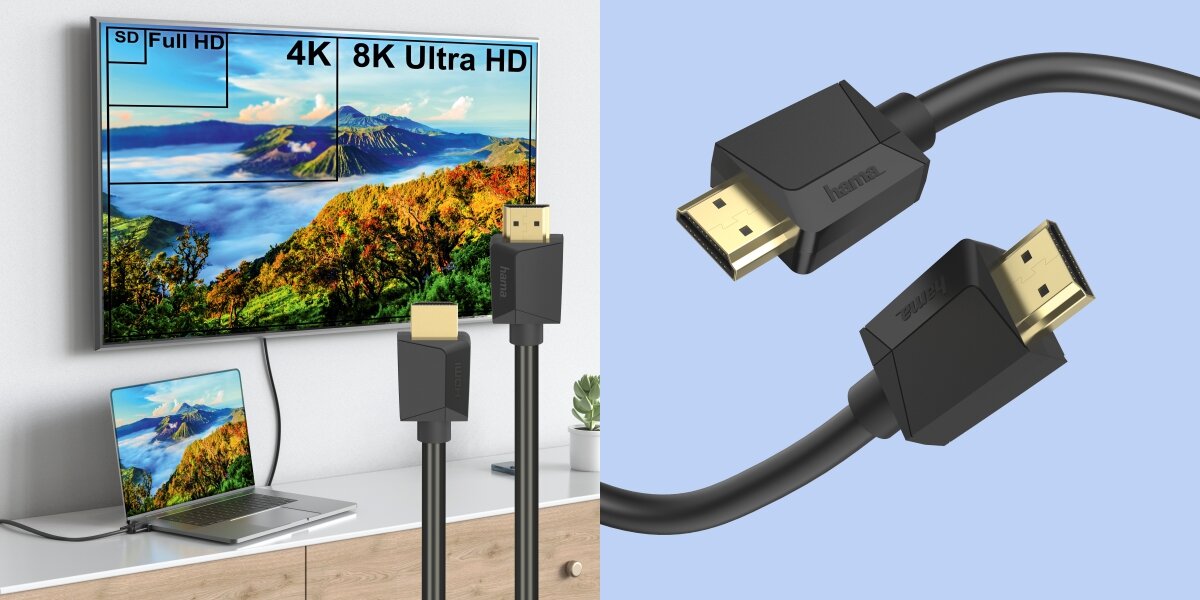 Kabel HDMI - HDMI HAMA 1 m - Obraz w jakości Ultra HD 8K, 8K (7680x4320), Dynamic HDR, telewizor zawieszony na ścianie podłączony kablem hdmi do laptopa