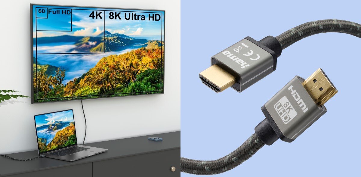 Kabel HDMI-HDMI HAMA 2 m - Maksymalna jakość obrazu, 8K, 4K, dynamic HDR, telewizor zawieszony na ścianie, podpięty kablem hdmi do laptopa