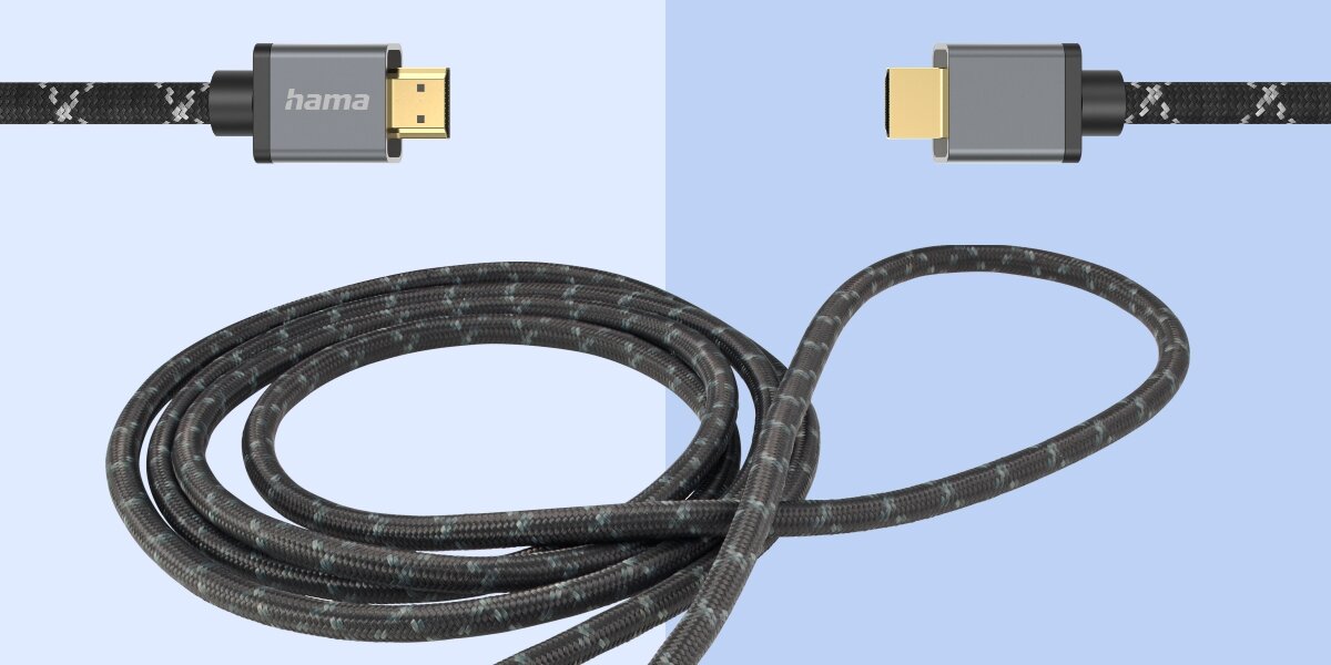 Kabel HDMI-HDMI HAMA 2 m - Czysty dźwięk bez zakłóceń, eARC, kabel hdmi na niebieskim tle