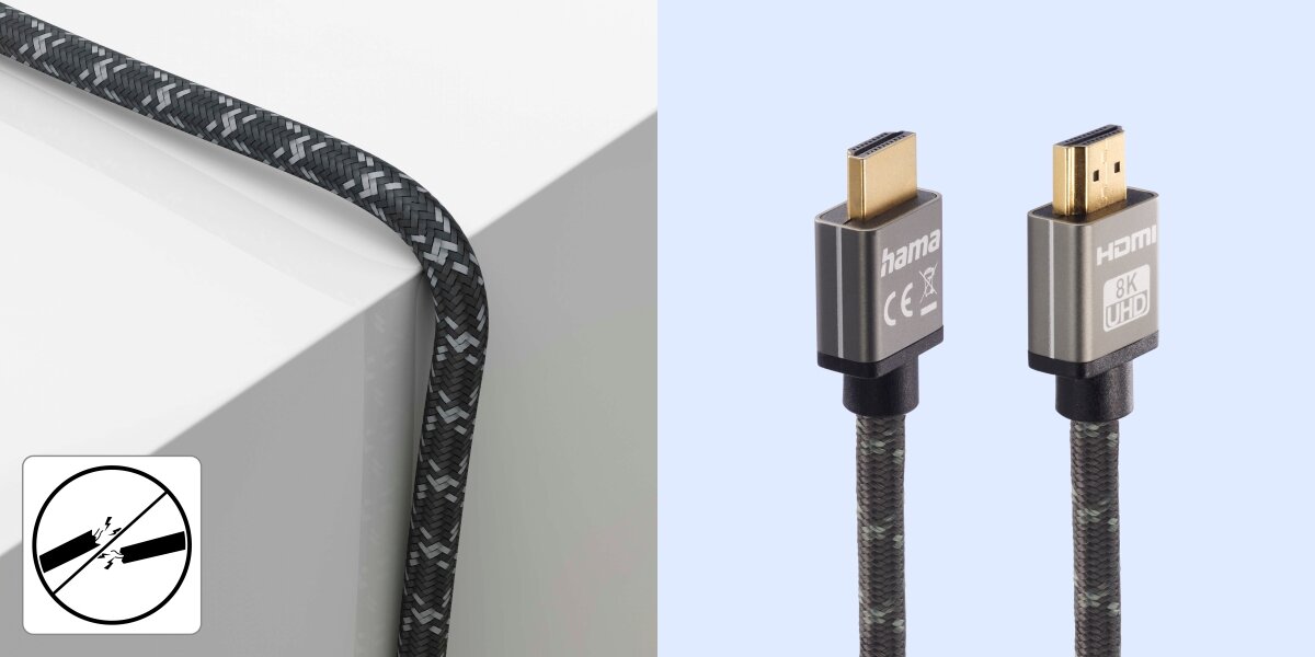 Kabel HDMI-HDMI HAMA 2 m - Trwała i elastyczna budowa, włókna aramidowe, Metalowe wtyki z pozłacanymi stykami, kabel hdmi na jasnym tle