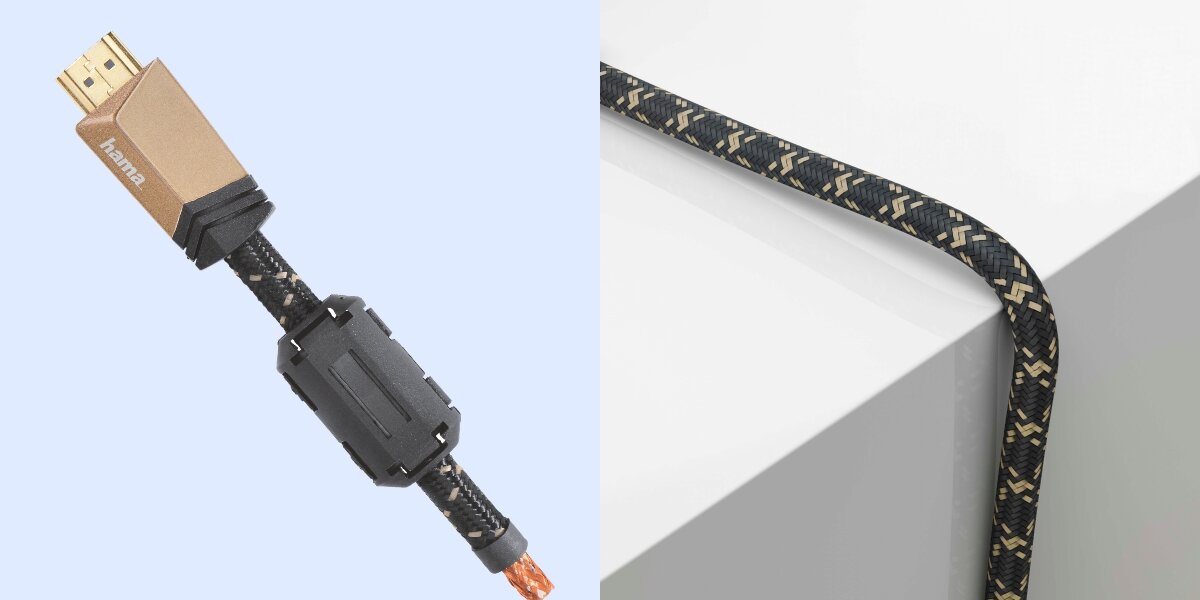 Kabel HDMI-HDMI HAMA 1.5 m - Solidna i trwała konstrukcja, metalowe, pozłacane złącza, szybki transfer do 18 Gbit/s, Ferrytowy rdzeń, kabel HDMI na niebieskim tle