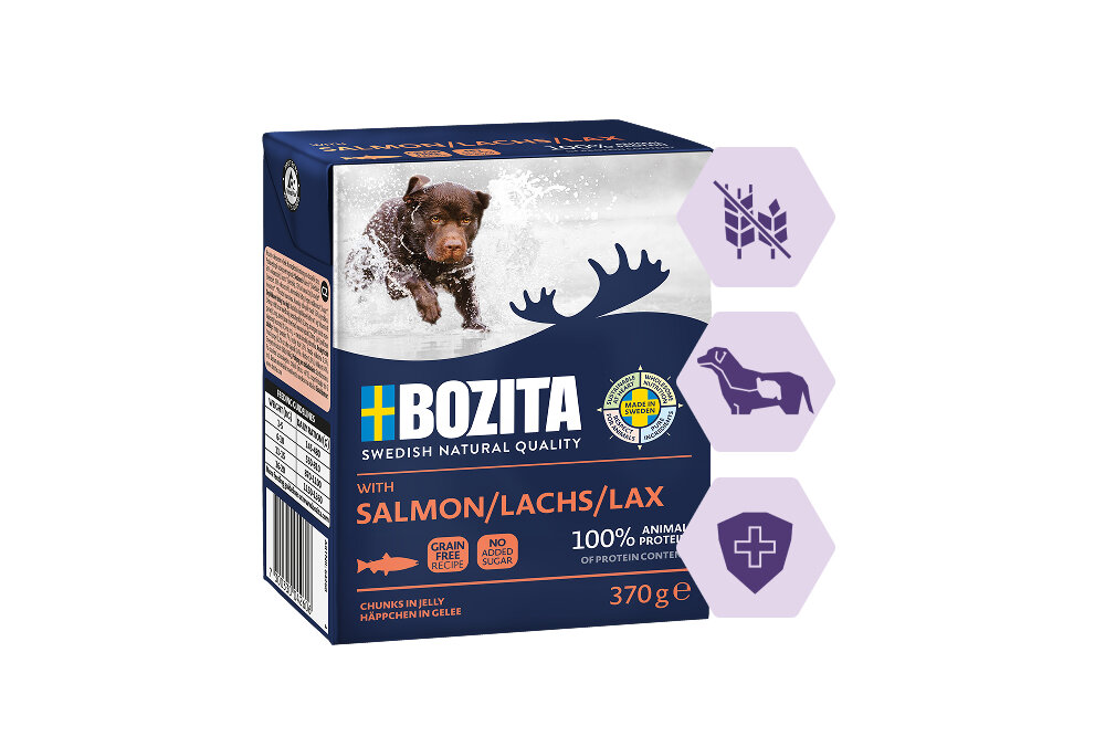 Opakowanie karmy dla psa marki BOZITA z wizerunkiem psa i grafiką łosia. Na opakowaniu widnieje tekst: \'WITH SALMON/LACHS/LAX, 100% ANIMAL PROTEIN, 370 g\'.