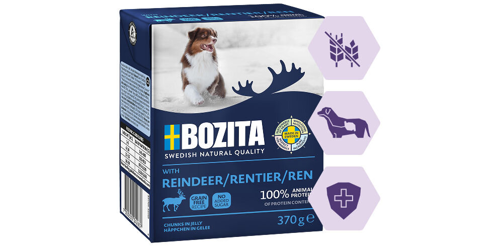 Opakowanie karmy dla psa marki BOZITA z wizerunkiem psa na śniegu i grafiką poroża. Na opakowaniu widnieje tekst: \'SWEDISH NATURAL QUALITY\', \'WITH REINDEER/RENTIER/REN\', \'100% ANIMAL PROTEIN\', \'GRAIN FREE\', \'NO ADDED SUGAR\', \'CHUNKS IN JELLY\', \'370 g\'.
