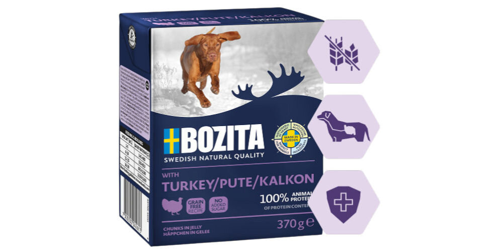 Karma dla psa BOZITA Kurczak z ryżem w galaretce 370 g, kurczak, kawałki, wołowina, mięso, Opakowanie karmy Bozita z ikonami wsparcia zdrowia i trawienia.