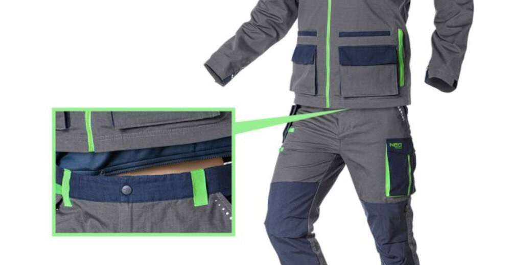 Spodnie robocze NEO 81-227-XXL (rozmiar XXL/56) Regulowany pas dopasowanie możliwość regulacji obwodu pasa Wewnętrzna regulacja komfort noszenia nie zsuwają się