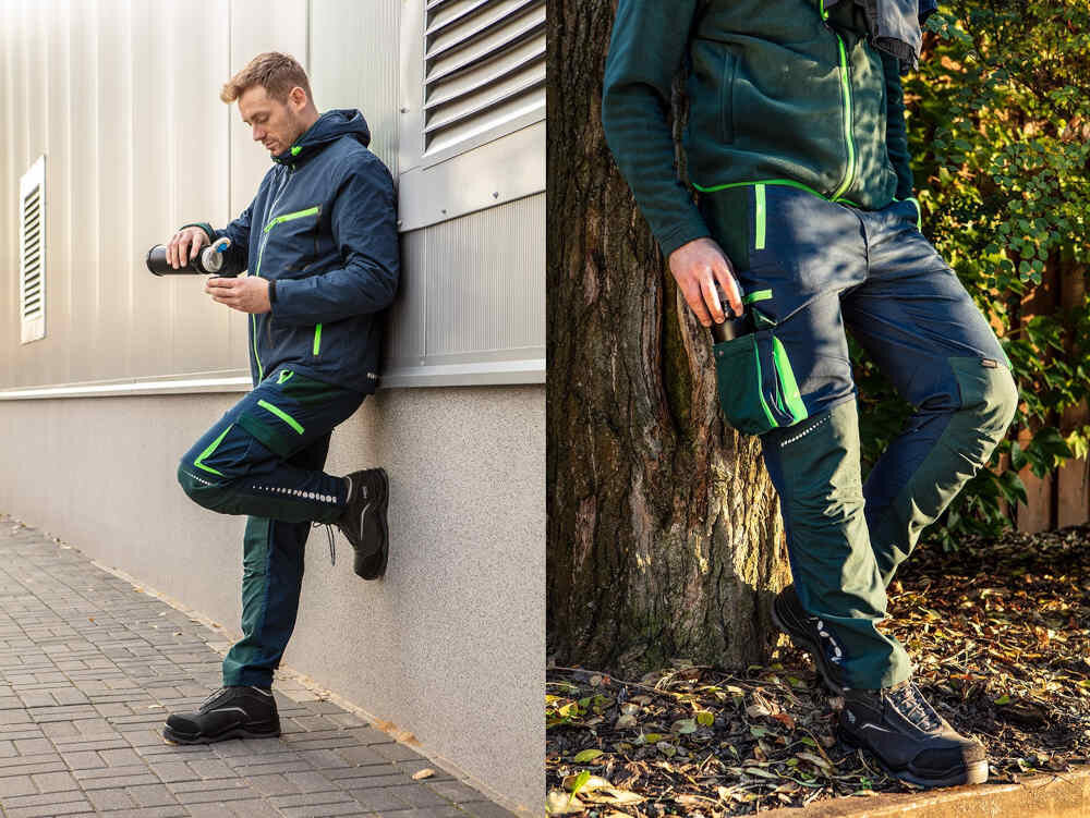 Spodnie robocze NEO TOOLS 81-226-XXL (rozmiar XXL/56) prezentacja lifestyle osoba się opiera o drzewo i mur