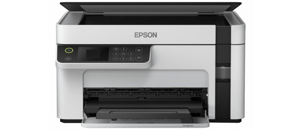 Urządzenie wielofunkcyjne EPSON EcoTank M2120 Wi-Fi prezentacja urządzenia od przodu na białym tle system bez kartridży redukcja odpadów pojemnik na atrament