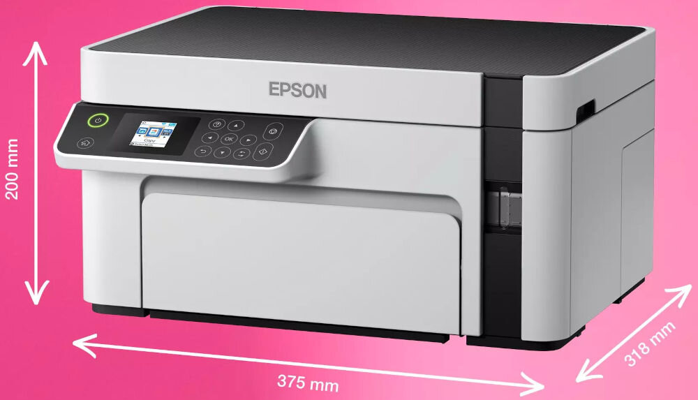 Urządzenie wielofunkcyjne EPSON EcoTank M2120 Wi-Fi prezentacja urządzenia na różowym tle od przodu pod kątem z wymiarami wymiary swoboda organizacji
