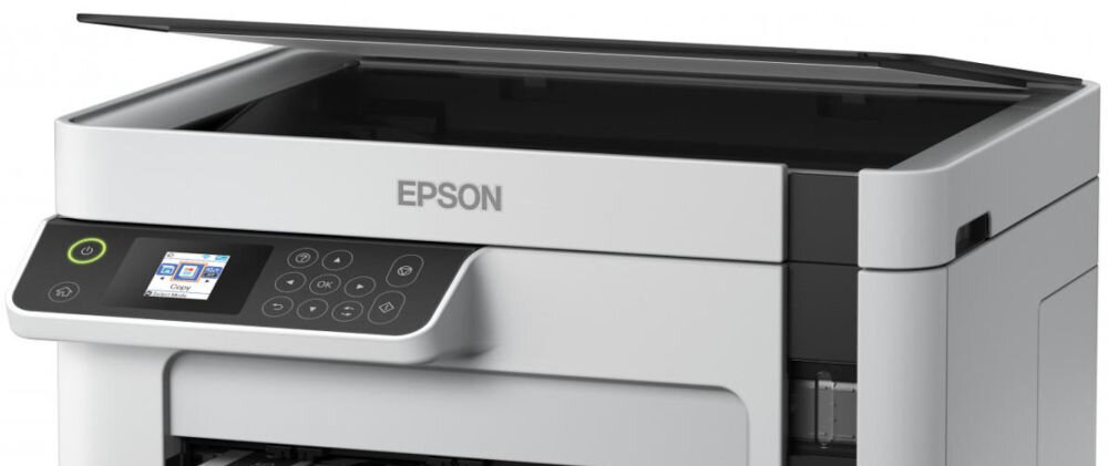 Urządzenie wielofunkcyjne EPSON EcoTank M2120 Wi-Fi prezentacja urządzenia od przodu pod kątem na białym tle zbliżenie na górną część formaty BMP JPEG TIFF PDF PNG dostosowanie