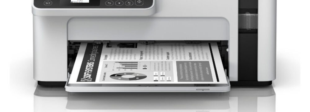 Urządzenie wielofunkcyjne EPSON EcoTank M2120 Wi-Fi prezentacja urządzenia od przodu na białym tle zbliżenie na dolną część z wychodzącą kartką głowica Micro Piezo™ wysoka jakość wydruków przy zachowaniu dużej szybkości pracy impulsy elektryczne zamiast ciepła ochrona struktury atramentu