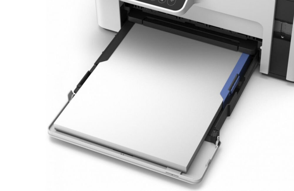 Urządzenie wielofunkcyjne EPSON EcoTank M2120 Wi-Fi prezentacja otwartego podajnika na arkusze w środku papier włożony elastyczny podajnik papieru