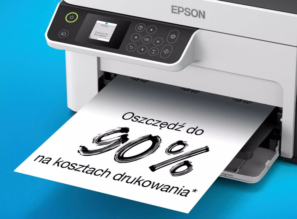 Urządzenie wielofunkcyjne EPSON EcoTank M2120 Wi-Fi prezentacja urządzenia od przodu pod kątem na niebieskim tle zbliżenie na kartkę z napisem oszczędź do 90% na kosztach drukowania oszczędność kosztów częste drukowanie