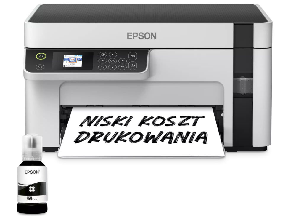 Urządzenie wielofunkcyjne EPSON EcoTank M2120 Wi-Fi prezentacja urządzenia od przodu na białym tle przed butelka kartka z napisem niski koszt drukowania wskaźnik atramentu z przodu kontrola zużycia