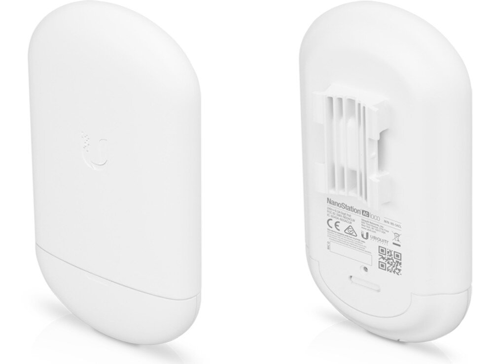 Punkt dostępu UBIQUITI NanoStation 5AC Loco Biały moduł radiowy pokazany z przodu i z tyłu, uwidaczniający logo na froncie oraz system montażu na tylnej ściance