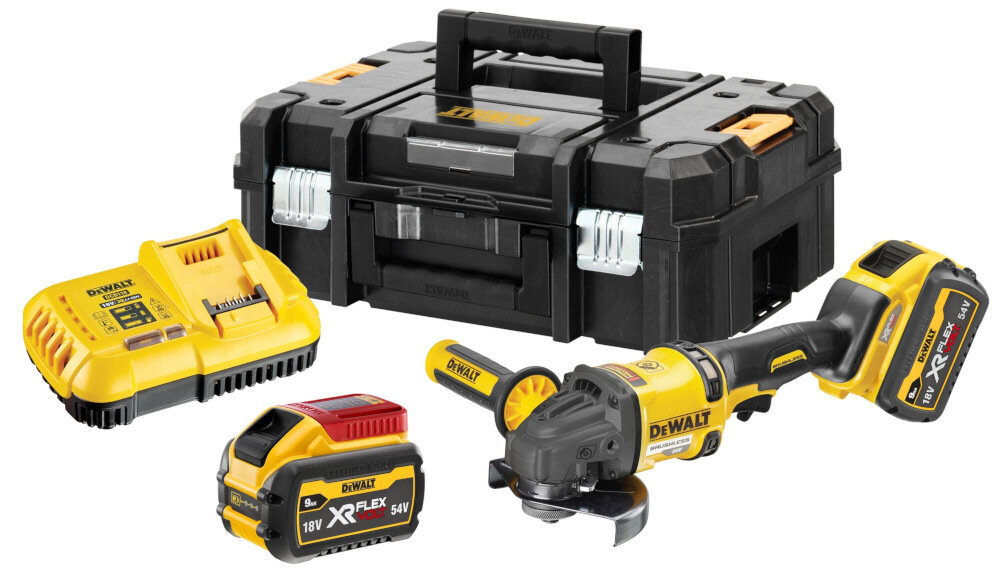 Szlifierka kątowa DEWALT DCG418X2 zestaw 2 akumulatory ładowarka rękojeść boczna osłona tarczy klucz do odkręcania tarczy kufer transportowy instrukcja obsługi w języku polskim karta gwarancyjna