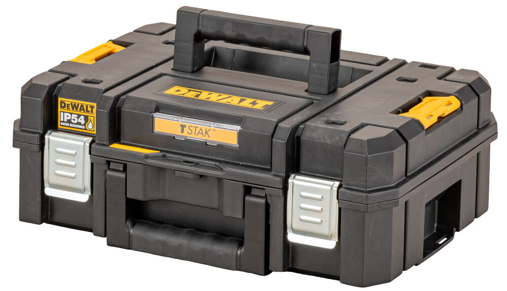 Skrzynka narzędziowa DEWALT DWST83345-1 białe tło skrzynka widoczna od przodu pod skosem waga 2 kg solidny uchwyt bezpieczny transport