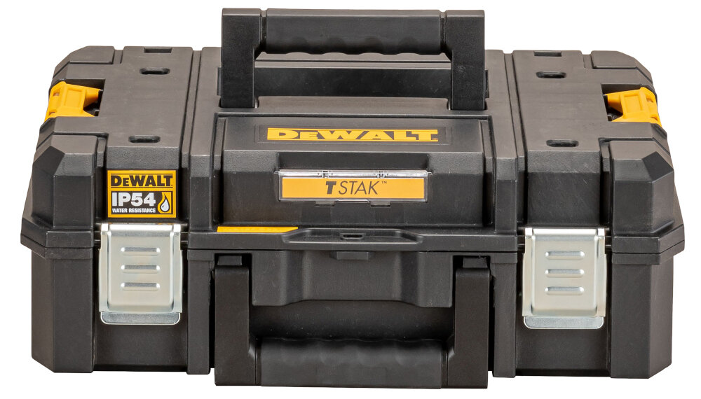 Skrzynka narzędziowa DEWALT DWST83345-1 skrzynka na białym tle widoczna od przodu wymiary 440 × 162 × 333 mm duża pojemność wytrzymałość