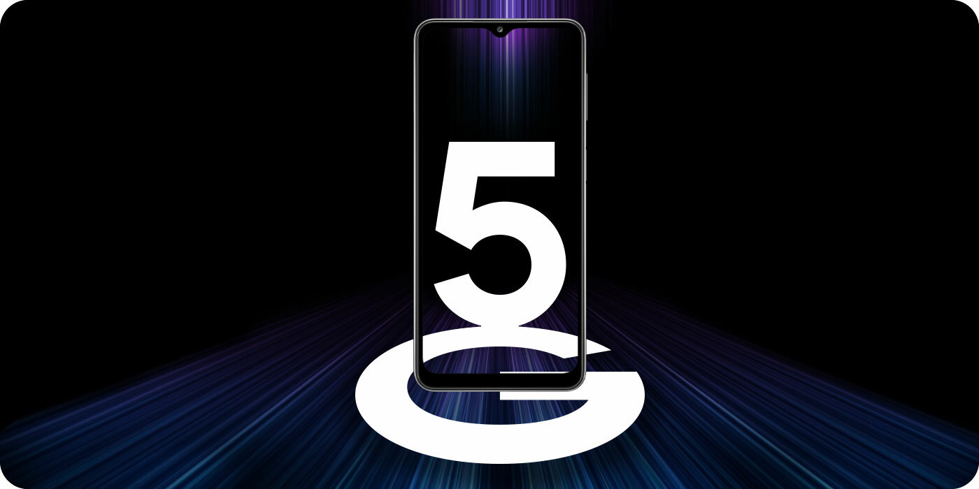 Telefon Samsung Galaxy A32 w czarno-fioletowej przestrzeni i napis 5G