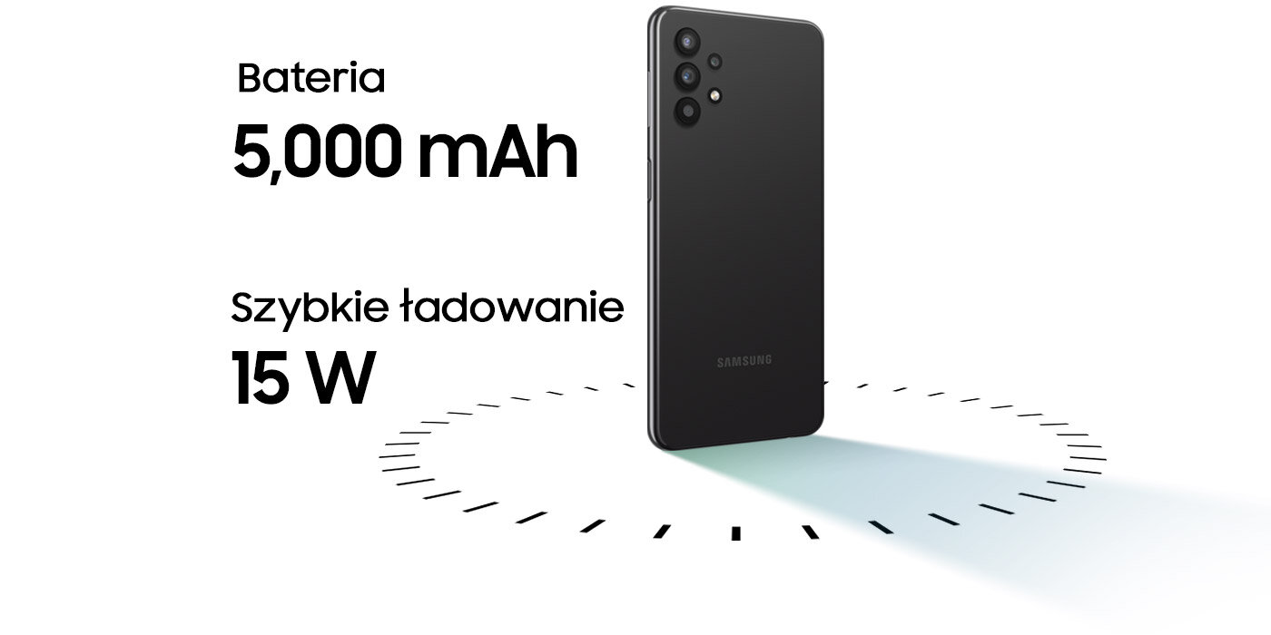 Czarny telefon Galaxy A32 i napis 