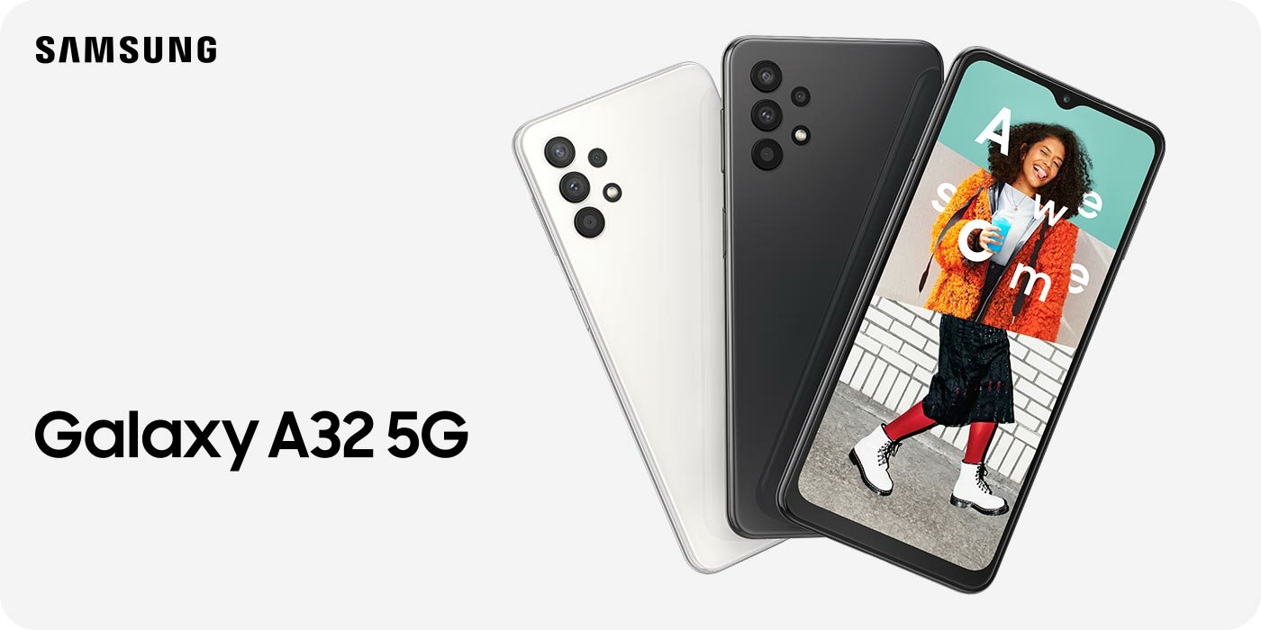 Trzy telefony Samsung Galaxy A32 - dwa z tyłu jeden od przodu