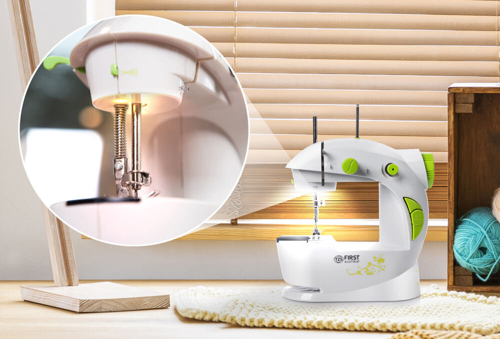 Maszyna do szycia FIRST Austria 5700 wbudowana lampka LED oświetlenie obszaru roboczego ułatwienie nawlekania igły precyzyjne szycie automatyczne przewijanie nici igła z szybką wymianą obcinak do nici regulacja napięcia nici funkcjonalność wygoda użytkowania