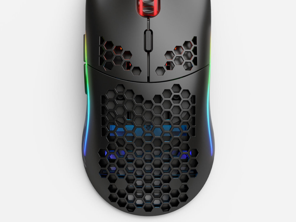 GLORIOUS PC Gaming Race Model O Sensor BAMF czujnik Pixart PMW 3360 rozdzielczości 12 000 DPI prędkość śledzenia 250 IPS modeli O i O- przyspieszeniem 50G przycisku na myszy dioda aktualnie ustawionym poziomie rozdzielczości - mysz od góry na białym tle