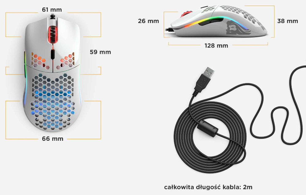 GLORIOUS PC Gaming Race Model O oświetlenie LED Oświetlenie niezależnych stref regulować kolor światła każdej z nich 16,8 mln kolorów RGB jasność, a także animację świateł dołączonego oprogramowania, - mysz na białym tle z wymiarami i kablem