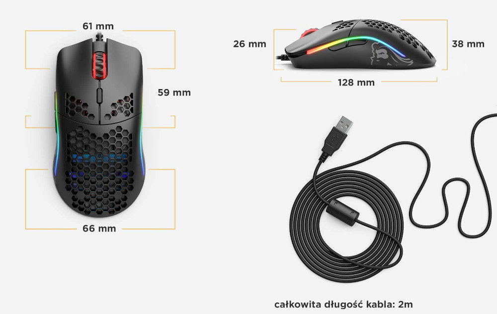 Glorious Model O strukturą plastra miodu oświetlenie RGB niezależnych stref podświetlać poszczególne elementy, regulując kolor światła, czy jego jasność pulsowało migotało 16,8 mln kolorów- prezentacja wymiarów i wagi myszy