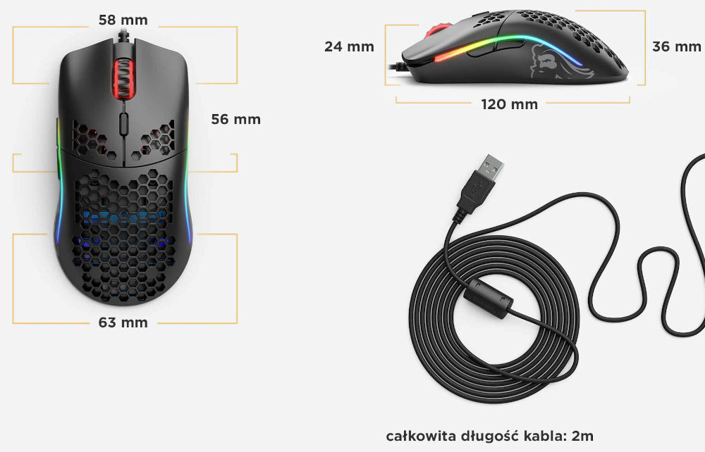 GLORIOUS PC Gaming Race Model O- oświetlenie LED Oświetlenie niezależnych stref regulować kolor światła każdej z nich 16,8 mln kolorów RGB jasność, a także animację świateł dołączonego oprogramowania, - mysz na białym tle z wymiarami i kablem