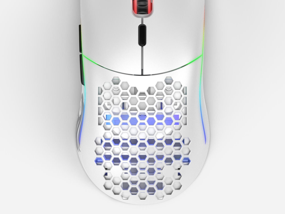 Glorious Model O Sensor Pixart PMW 3360 rozdzielczości 12 000 DPI prędkość śledzenia sięgającą 250 IPS przyspieszeniem aż 50G cztery poziomy DPI przyciskiem oprogramowaniu dioda LED aktualnej wartości DPI - Zbliżenie na mysz od góry