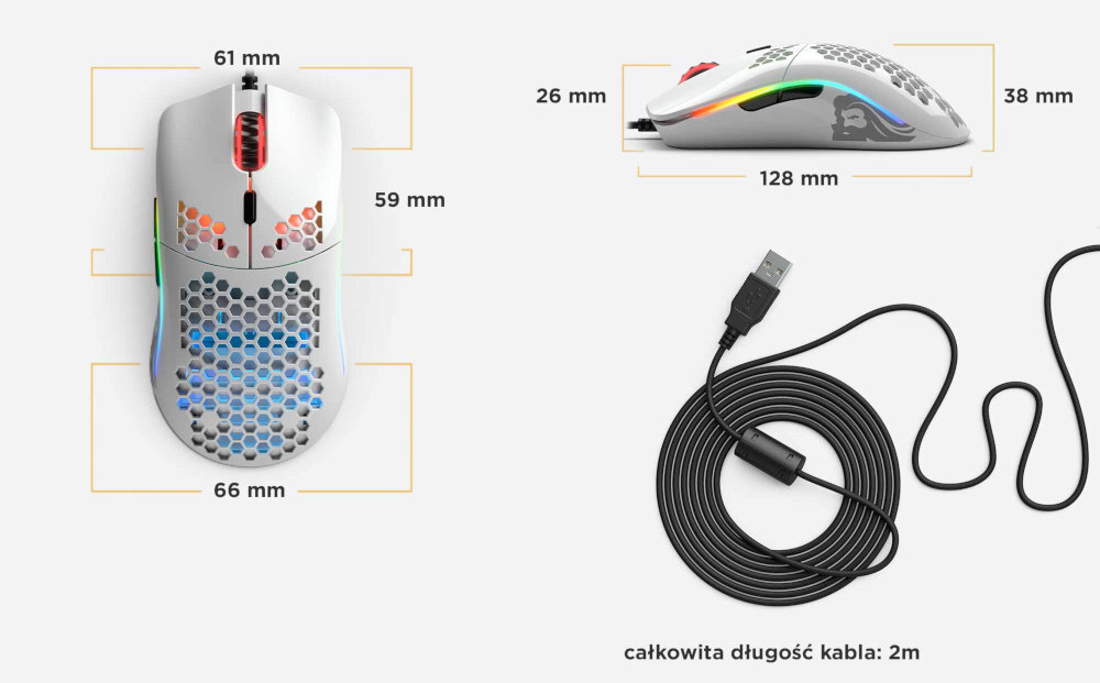 Glorious Model O strukturą plastra miodu oświetlenie RGB niezależnych stref podświetlać poszczególne elementy, regulując kolor światła, czy jego jasność pulsowało migotało 16,8 mln kolorów - prezentacja wymiarów i wagi myszy