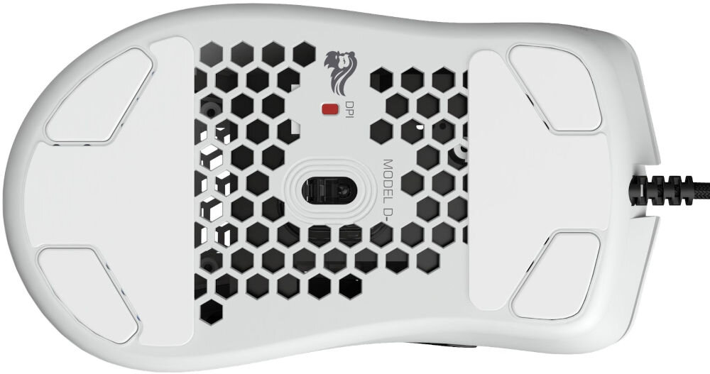 Mysz GLORIOUS PC Gaming Race Model D- Matte White widok z dołu przycisk DPI wentylacja kratki