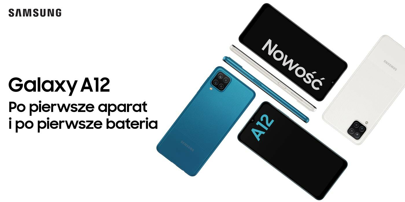 Galaxy A12 niebieskie i białe telefony w karuzeli Galaxy A12 niebieskie i białe telefony w karuzeli
