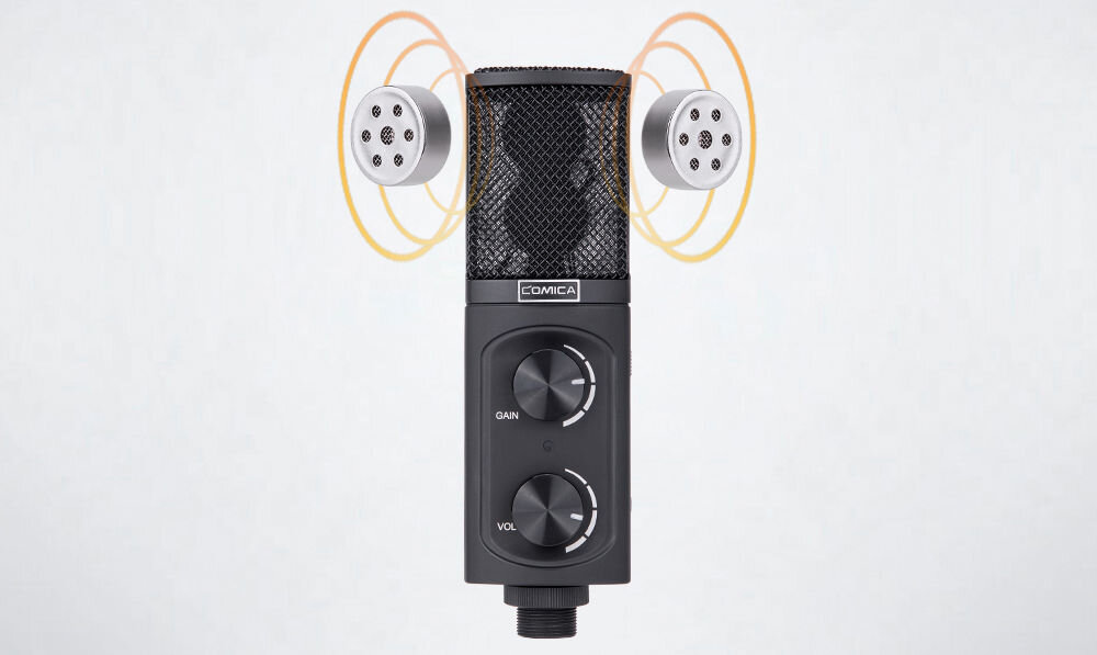 Mikrofon COMICA STM-USB prezentacja mikrofonu na jasnym tle wyszczególnienie membrany pozłacana membrana 16 mm studio podcast lektor czyste brzmienie bez zniekształceń