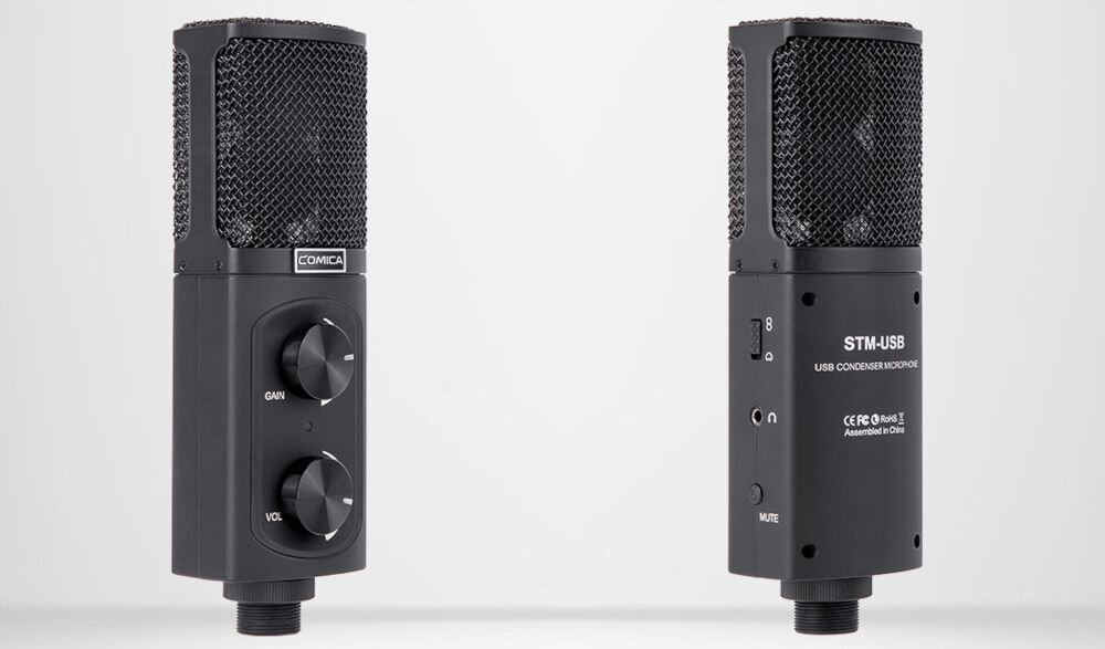 Mikrofon COMICA STM-USB prezentacja mikrofonu z dwóch stron na jasnym tle pasmo przenoszenia od 20 Hz do 20 kHz dokładne rejestrowanie dźwięku głębokie basy wysokie tony