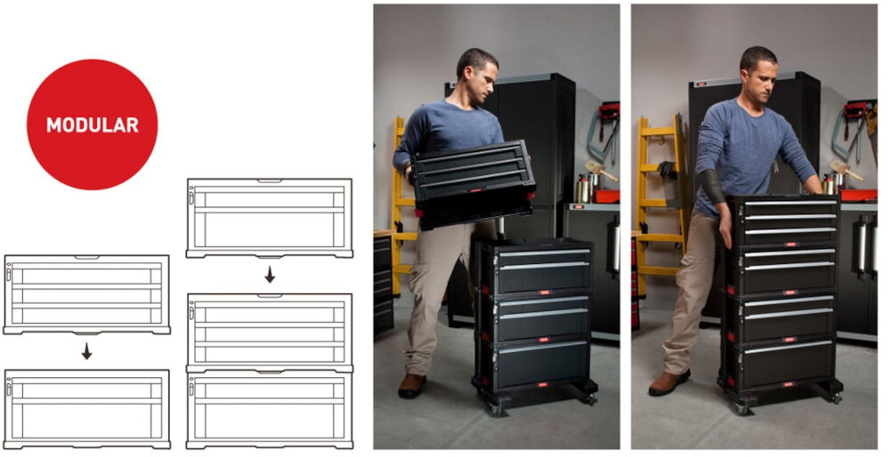 Regał 3 szuflady KETER Tool Chest dwa zdjęcia osoba ustawia skrzynki jedna na drugiej obok rysunek techniczny pokazujący modułowość regału kompatybilny z systemem KETER Tool Chest łączenie go z innymi regałami z tej samej serii spójny zestaw do przechowywania i transportu narzędzi ułatwia organizację pracy