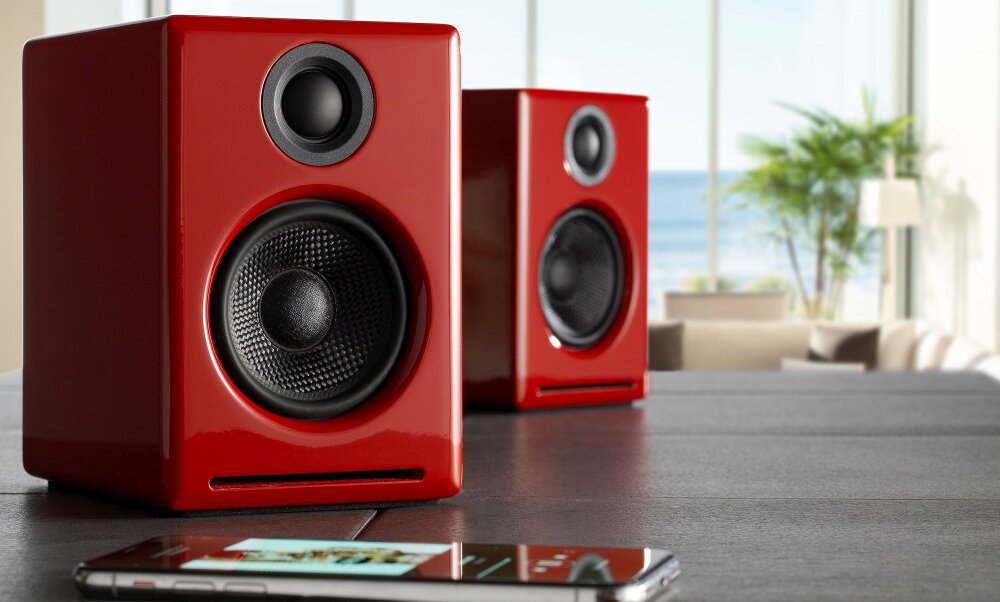 Kolumny głośnikowe AUDIOENGINE A2+ brzmienie bezprzewodowe łącze złącza dźwięk wszechstronność  obsługa instalacja design jakość wykonanie opakowanie zestaw