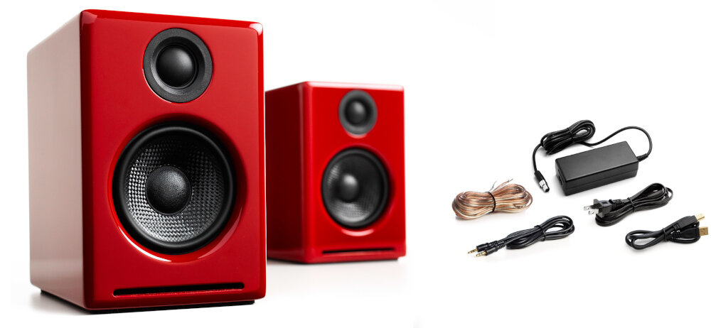 Kolumny głośnikowe AUDIOENGINE A2+ brzmienie bezprzewodowe łącze złącza dźwięk wszechstronność  obsługa instalacja design jakość wykonanie opakowanie zestaw