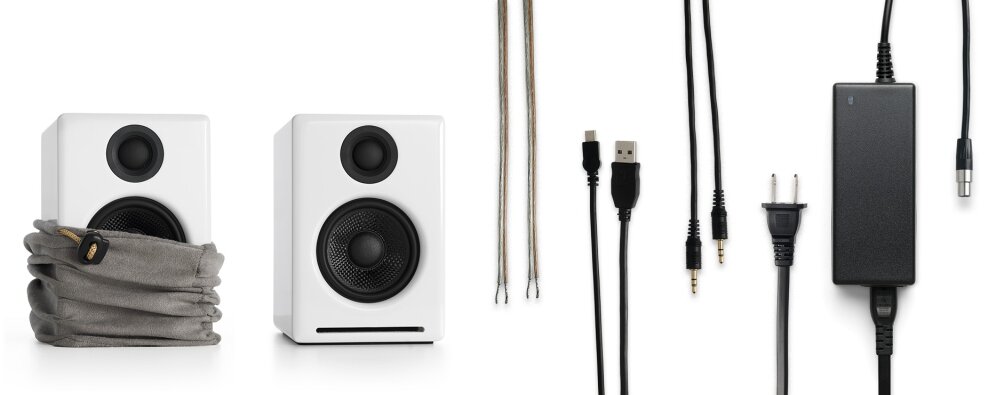 Kolumny głośnikowe AUDIOENGINE A2+ brzmienie bezprzewodowe łącze złącza dźwięk wszechstronność obsługa instalacja design jakość wykonanie opakowanie zestaw