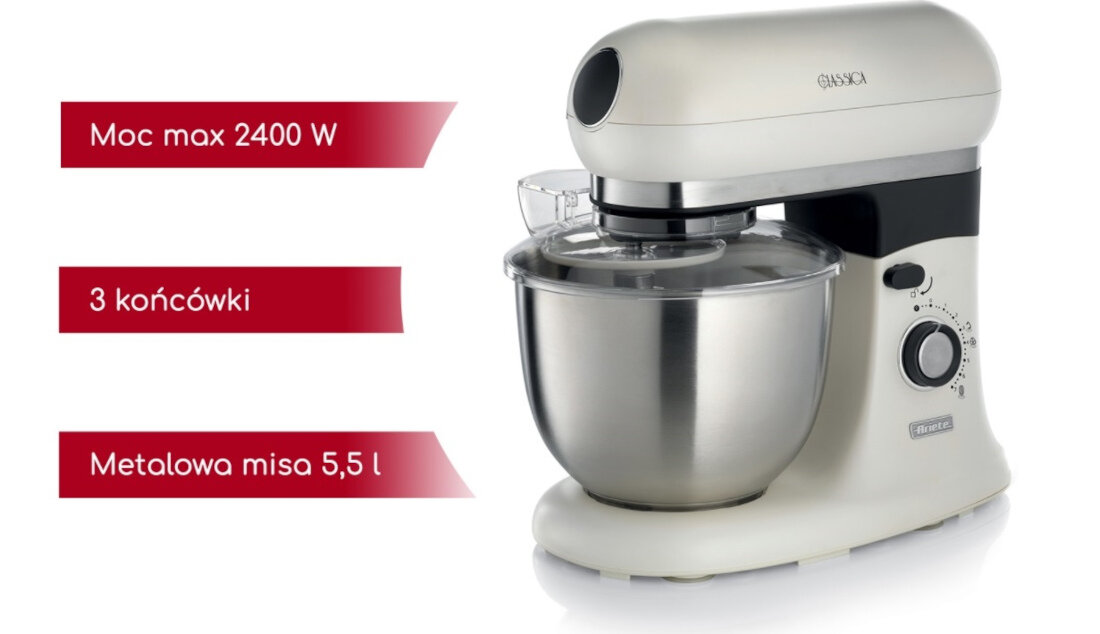 Robot kuchenny planetarny ARIETE Classica 1588/07 2400W doskonaly wybor idealny pomocnik moc 2400 W pojemnosc misy 5.5 l 3 koncowki przygotowanie duzej porcji ciasta