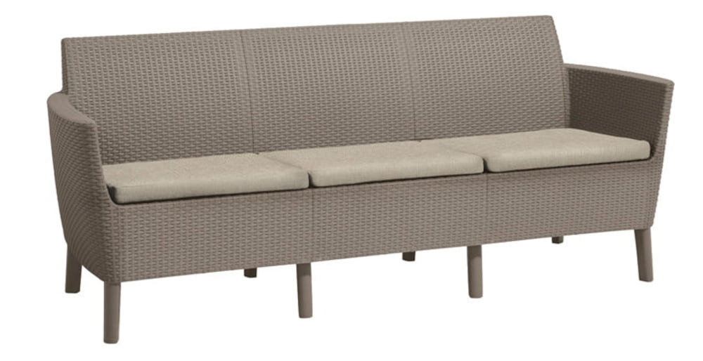 Zestaw mebli ogrodowych KETER Salemo 253202 Cappuccino sofa z 3 miejscami opływowy ponadczasowy kształt wymiary 187x67x76 cm składanie mebli na zatrzaski